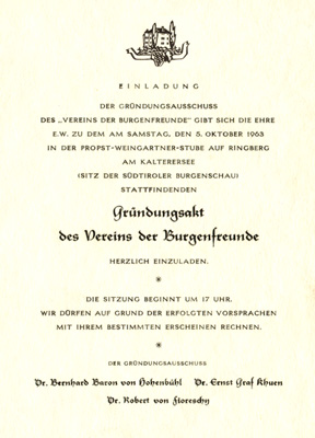 Einladung zur Gründung des Südtiroler Burgenvereins 1963